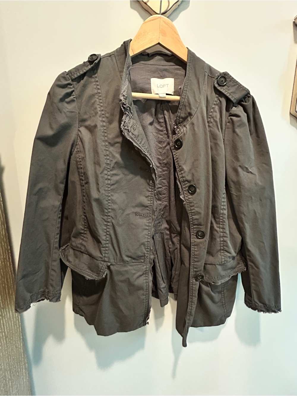 LOFT Charcoal Military Jacket Size 12 Frayed Trim Peplum Utility Jacket